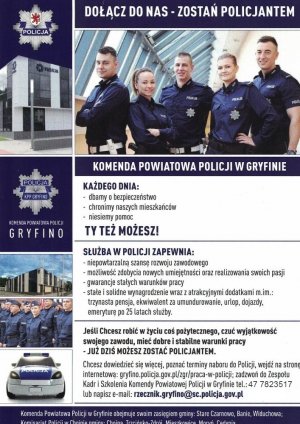 plakat Komendy Powiatowej Policji w Gryfinie zachęcający do wstąpienia do służby z najistotniejszymi informacjami oraz danymi do kontaktu