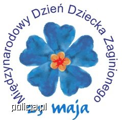 niebieski kwiat a dookoła niego niebieski napis Międzynarodowy Dzień Dziecka Zaginionego 25 maja