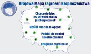 mapa Polski z zaznaczonymi na niej punktaki oraz z napisem Krajowa Mapa Zagrożeń Bezpieczeństwa