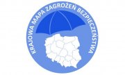 logo krajowej mapy zagrożenia bezpieczeństwa biała mapa polski na niebieskim tle